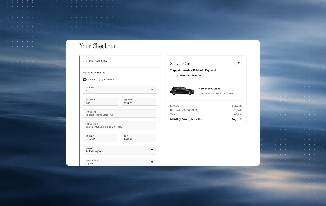 ServiceCare checkout showing the personal details form and package summary