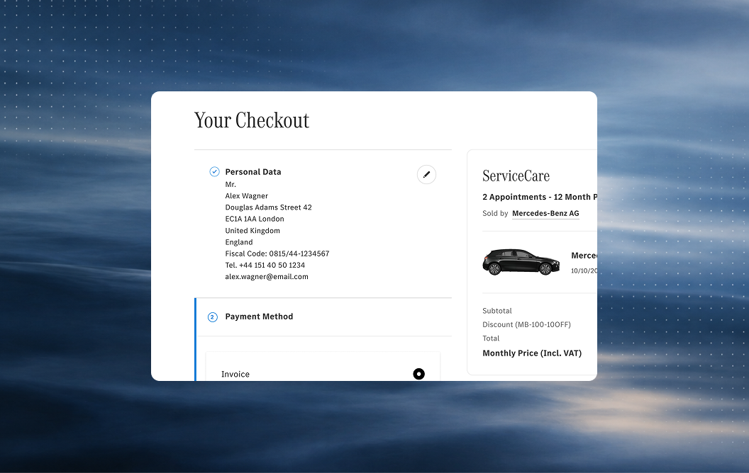 ServiceCare checkout showing confirmed personal details and the payment method step