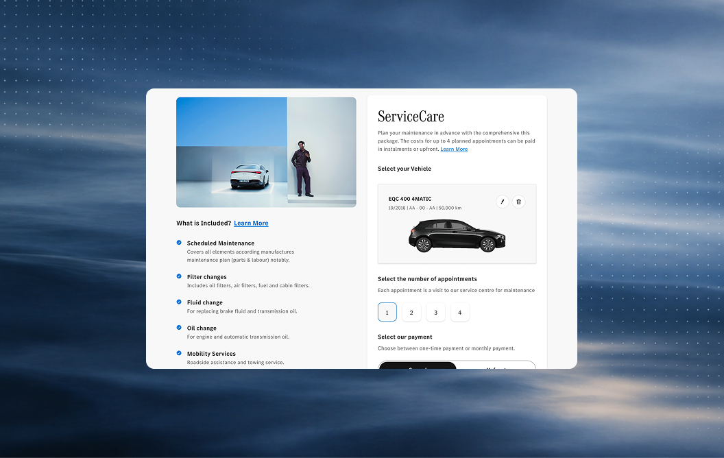 ServiceCare package showing included services, vehicle, appointments and payment options