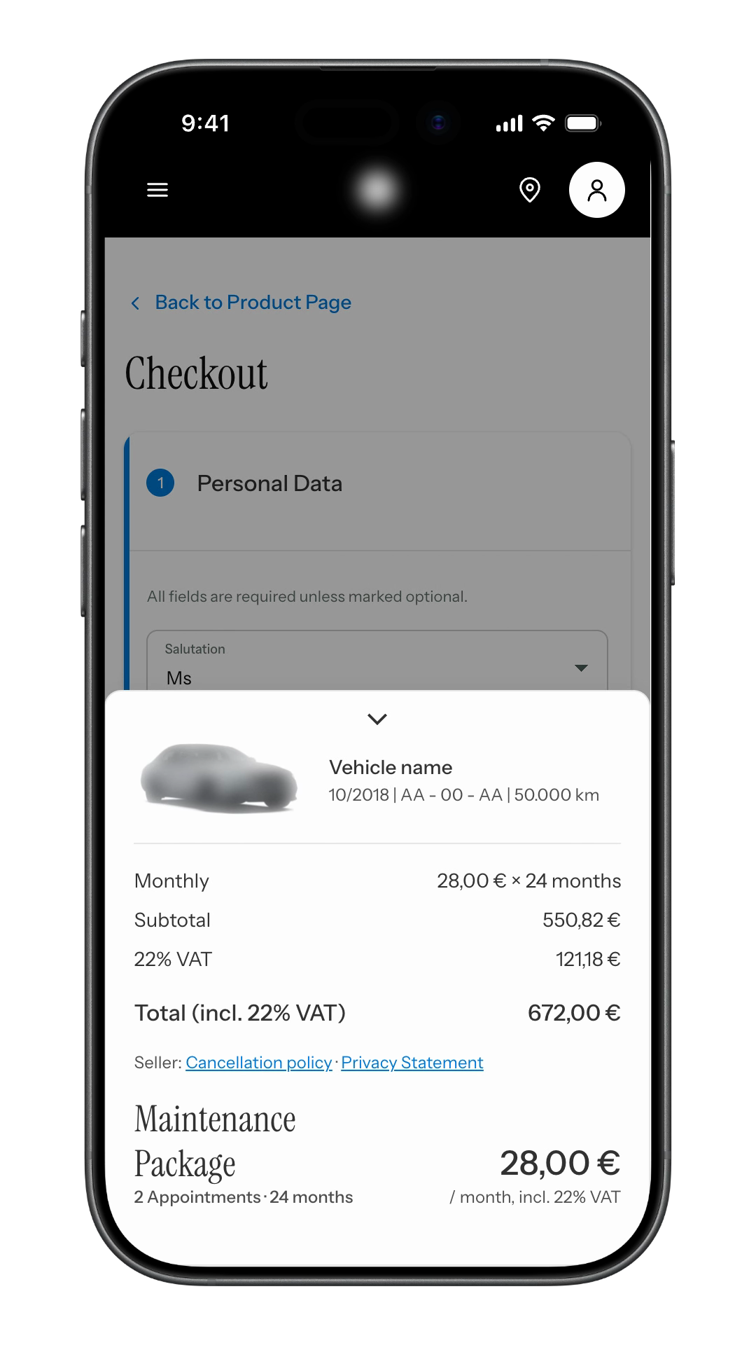 Progressive maintenance package checkout opening, completing and editing customer details in one mobile flow