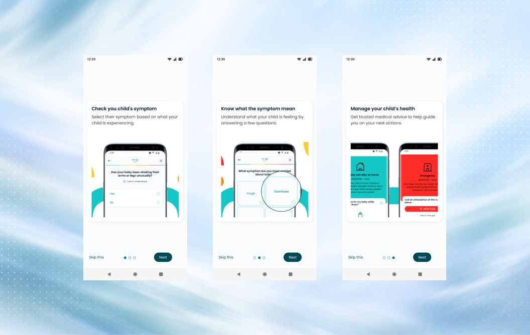 Kito Health onboarding screens introducing symptom checks, guidance and health management