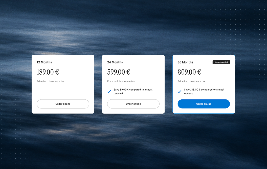 Warranty extension pricing cards for 12, 24 and 36 months with online ordering